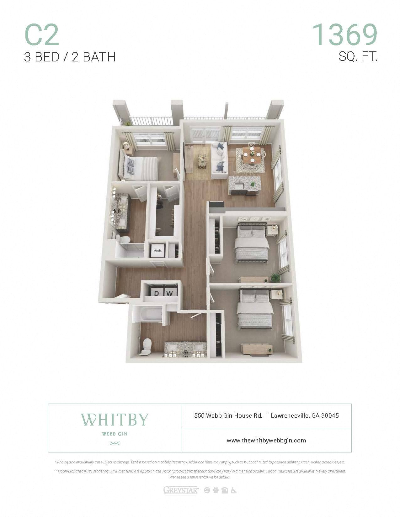 Floor plan for 3 beds, 2 baths, 1369 sqft